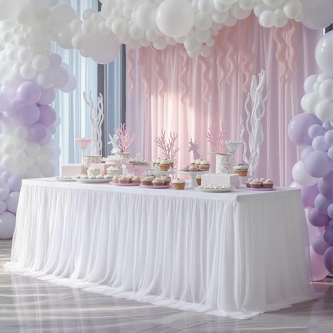 2-in-1 White Tablecloths with Tulle Table Skirt for 8 Foot Rectangle Tables, Party Ruffle Tutu Table Skirt Stretch Fitted Covers for Wedding Reception Birthday Baby Shower Celebration Banquet Event