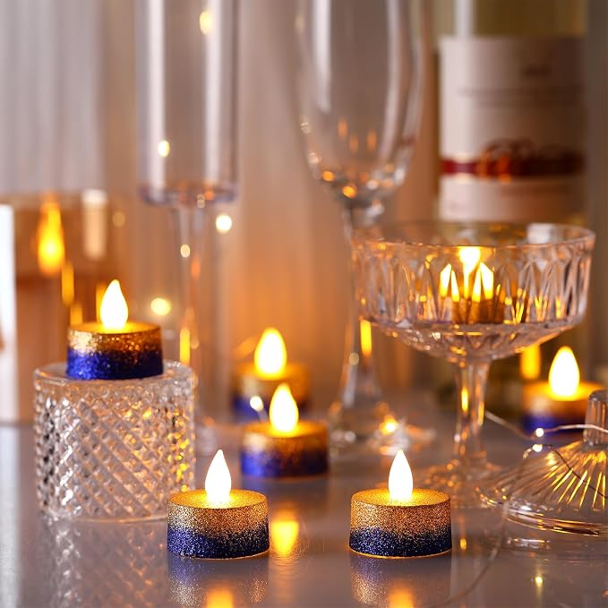 Retisee 48Pcs Flameless LED Tea Lights Glitter Electric Fake Candles for Centerpieces Battery Operated Anniversary Romantic Winter Decor for Wedding Christmas Birthday(Gold,Blue,1.65 Inch)