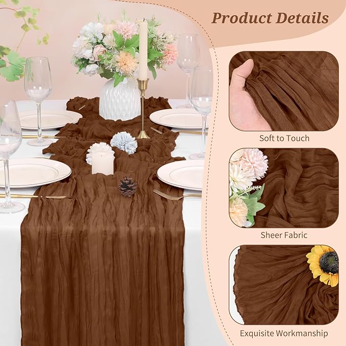6 Pack Cheesecloth Table Runner Brown 10Ft Rustic Boho Gauze Table Runner Romantic Long Sheer Fabric Cheesecloth Table Runner for Wedding Festival Birthday Anniversary Dinner Outdoor Events