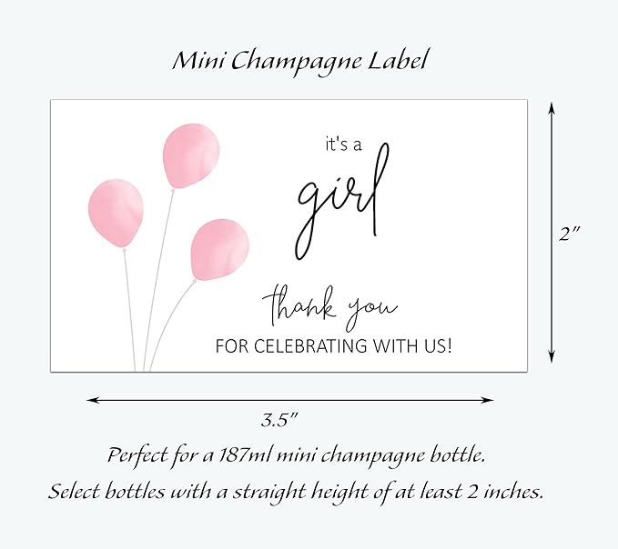 It’s a Girl Mini Champagne Bottle Labels ● SET of 12 ● Pink Baby Shower Mini Champagne Label, About to POP Thank You for Celebrating with us Favors Stickers Gender Reveal WATERPROOF (Balloons)