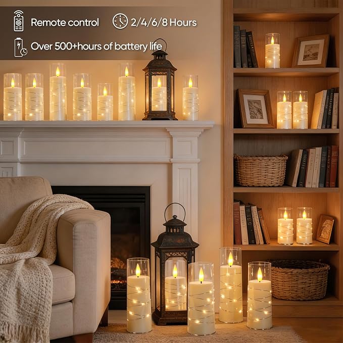 Raycare Flameless Candle with Remote Timer, 18 Flickering Acrylic Battery Operated LED Pillar Candles with Embedded Star String for Home Decor(Ivory)