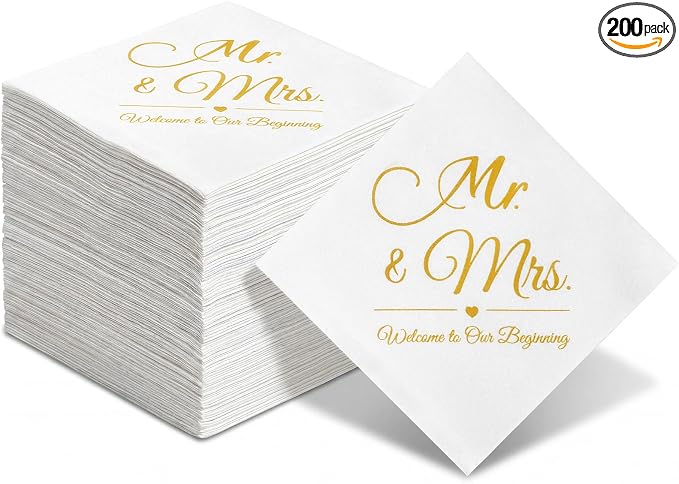 200 Pack Linen Feel Mr and Mrs Wedding Cocktail Napkins Disposable White and Gold Guest Linen Napkins for Wedding Party Reception Dessert Cake Table Decorations