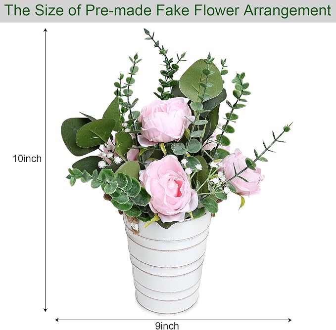 Artificial Flowers in Pot - 10 Inches Pre-Made Large Faux Silk Rose Floral Greenery Table Centerpieces with Rustic Tall Metal Vase for Farmhouse Home Decoration - Pink