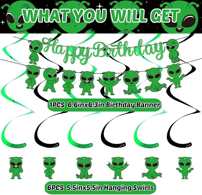 Alien Birthday Party Decorations, Alien Party Supplies Set Including Green Glitter Banner, Hanging Swirls, Latex Balloons, Cake Toppers and Backdrop for Kids Boys Girls Theme Party Decorations
