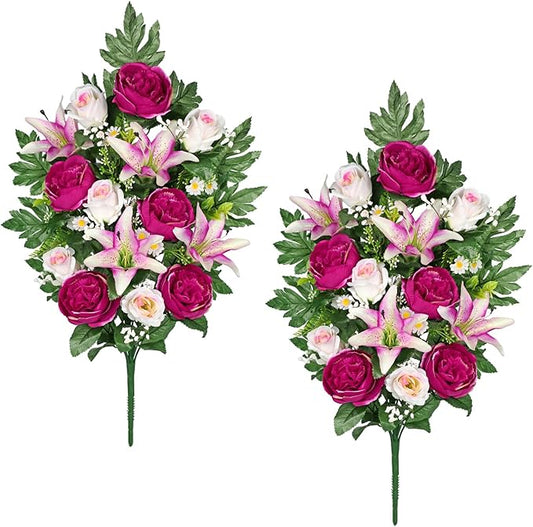 Briful 2 Set Artificial Cemetery Flowers for Grave, Silk Sympathy Grave Flowers Bouquet Fake Rose Peony Lily Floral Arrangement for Outdoor Vase Funeral Memorial Mother’s Day Decor