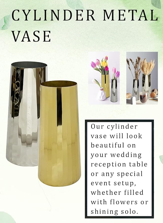 Serene Spaces Living Large Silver Cylinder Metal Vase, Elegant Flower Vase for Wedding, Anniversary, Home Decor, Table Centerpiece for Coffee Table, Dining Table, Countertop, 4.25" Dia & 9" Tall