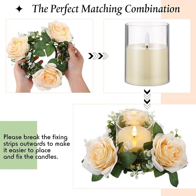 Yunlly 12 Pcs Rose Candle Rings with Flameless Candles Sets, Artificial Flower Eucalyptus Wedding Centerpiece 3 Inch Pillar Candleholders Wreaths for Wedding Party Mother's Day (Champagne)