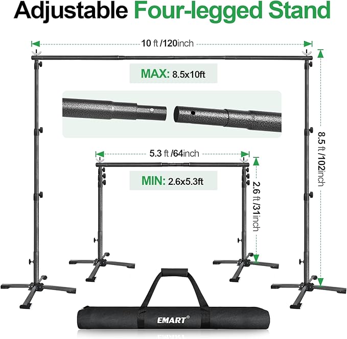 EMART Portable Backdrop Stand Kit with Foldable Cross Flat Base, Adjustable 8.5ft Height 10ft Width Pipe and Drape Background Hanging Frame Bar for Photography Party Wedding Birthday Photo Studio