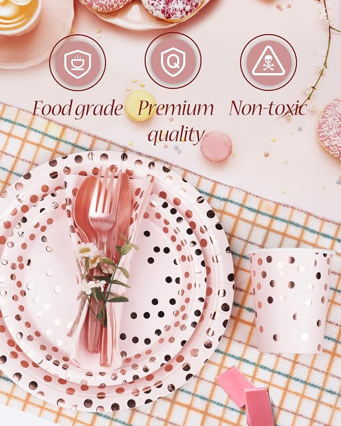 224 Pieces Party Supplies, Pink and Rose Gold Dots Party Plates Cups and Napkins Sets with Plastic Knives forks spoons, Disposable Tableware Serves 32 Sets for Wedding, Birthday, Graduation, Festivals