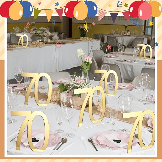 Threehoney 12 Pcs Mirror Gold 70th Birthday Decorations for Men and Women Acrylic Anniversary Decorations Table Numbers Centerpieces for Birthday Party