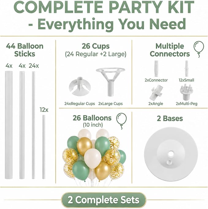 Balloon Column Stand Kit with Balloons, Base and Pole, Balloon Column Kit for Floor or Table Backdrop Decoration for Party Wedding Baby Shower Birthday Graduation (T-Sage Green Gold)