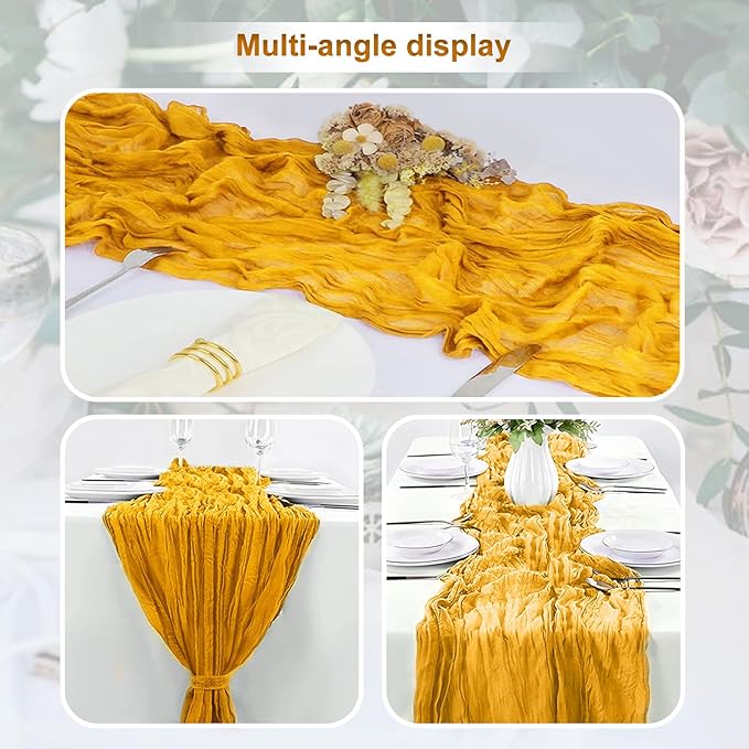 1 Pack Gold Cheesecloth Table Runner 35x120 Inch 10Ft Rustic Gauze Cheese Cloth Table Runner Sheer Cheesecloth Table Runners for Wedding Party Bridal Shower Decoration
