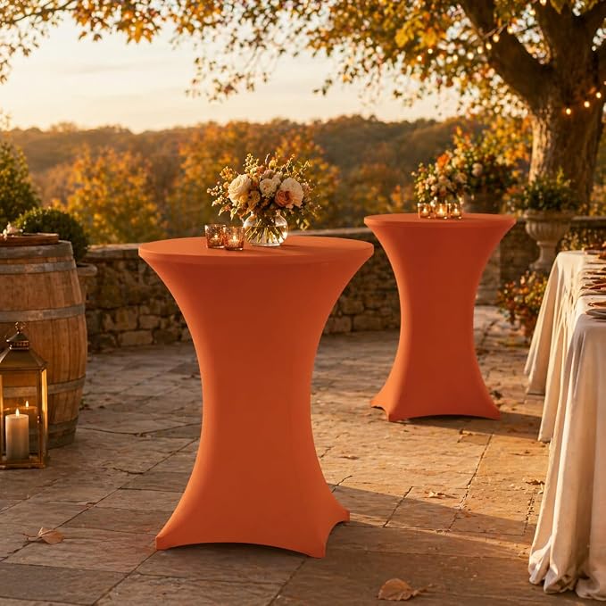 Cocktail Table Covers - 2 Pack 32x43 Inch Table Cloth - Orange Fitted Stretch Spandex Round High Top Tablecloth for Party, Bar, Birthday, Pub, Banquet