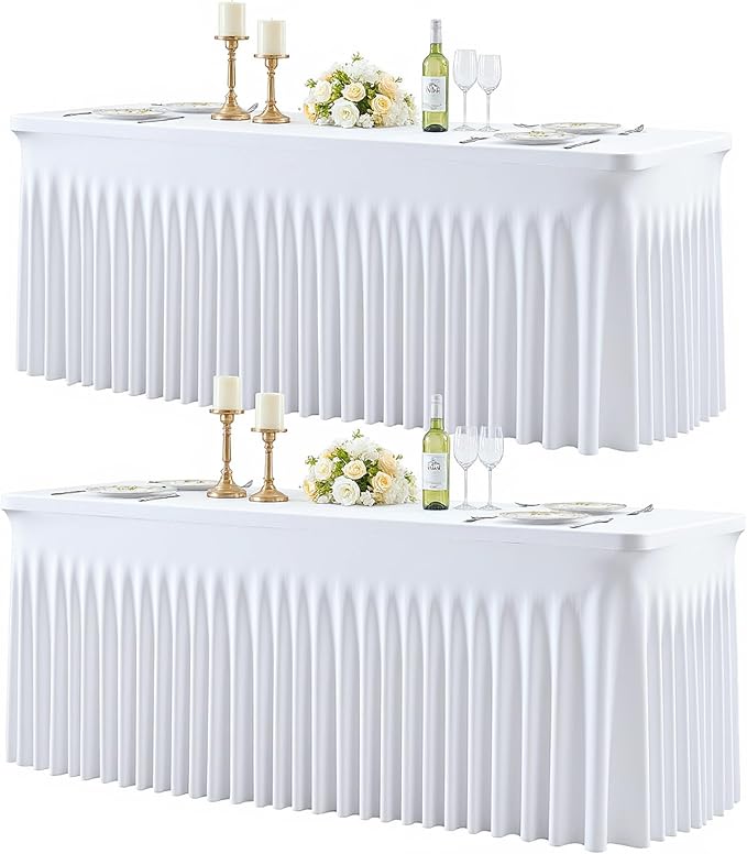 2 Pack White Table Cloth for 6 Foot Rectangle Tables Spandex Fitted Tablecloth 6ft Stretch Table Covers Skirt White Banquet Tablecloths Wrinkle Free Tablecloth for Party Wedding Birthday Event