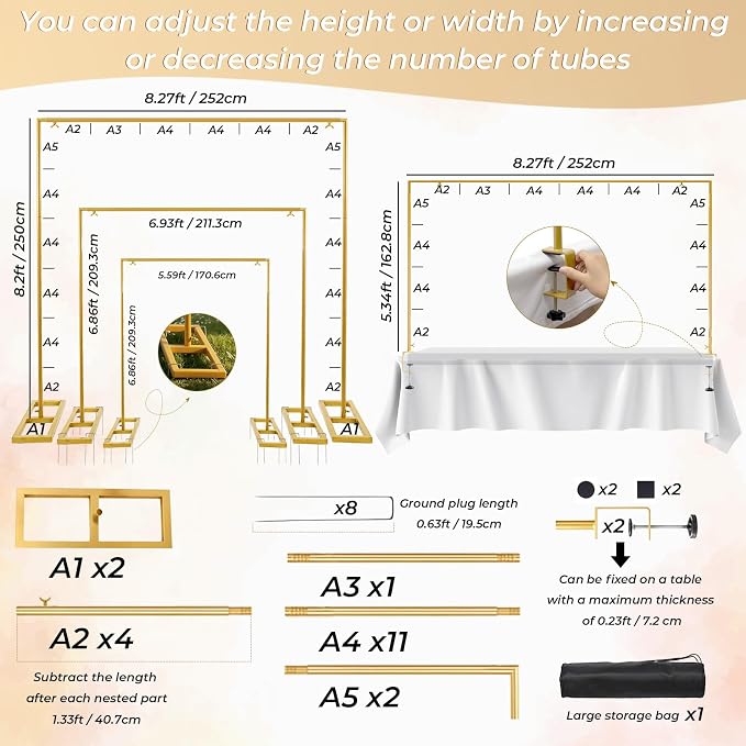 OurWarm 8.2 Ft Adjustable Wedding Backdrop Stand, 2-in-1 Floor Arch & Over-the-Table Rod, Gold Metal Square Background Frame, Photo Backdrop Balloon Arch Stand for Birthday Party Baby Shower Decor