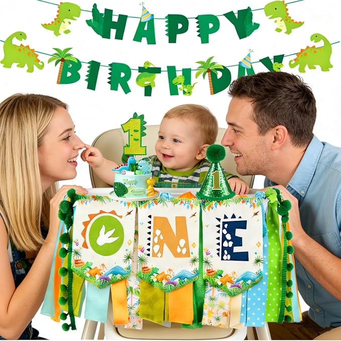 One a Saurus Birthday Decorations-Pre-Strung Happy Birthday Felt Banner Dinosaur 1st Birthday Decorations，Dinosaur Birthday Garland, Highchair Banner for Dino Themed Party Supplies