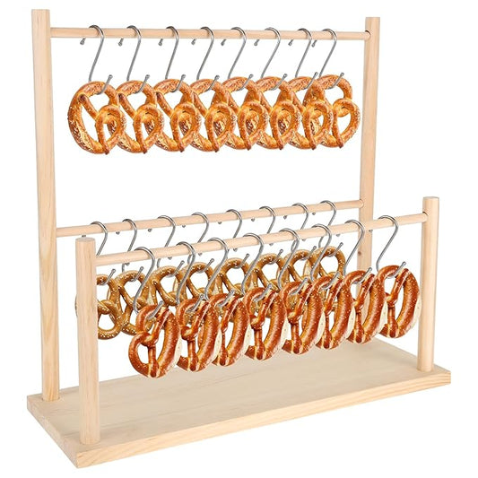 Wooden Pretzel Holder Stand with 24 Hooks, Rustic Serving Display Rack Pretzel Display Rack Hanger for Hanging Rods, Donuts & Sausages, Oktoberfest Wedding Birthday Party Decor
