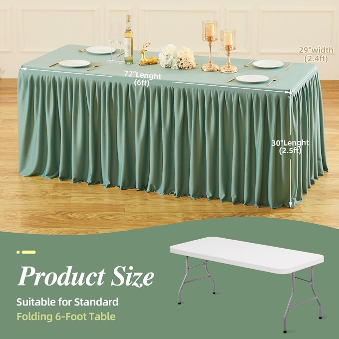 PARTISKY 6 Pack Sage Green Tablecloths for Rectangle Tables 6ft, Wrinkle Resistant Spandex Table Cover Fitted Stretch Table Cloth with Pleated Ruffle Skirts for Party Banquet Dining Birthday Wedding