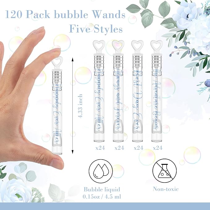 Hollowfly 120 Pack Wedding Mini Bubble Wands for a Wedding Bulk White Heart Blue Wish Bubble for Guests Send Off Wand Adults Bridal exit Shower Party Supplies Valentine Anniversaries Celebration