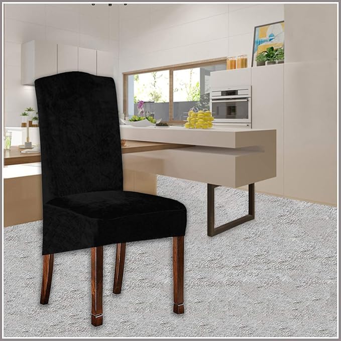 Velvet Plush XL Dining Chair Covers, Stretch Chair Slipcover, Spandex High Chairs Protector Covers Seat Slipcover with Elastic Band for Dining Room,Wedding, Ceremony, Banquet (Black, Set of 6)