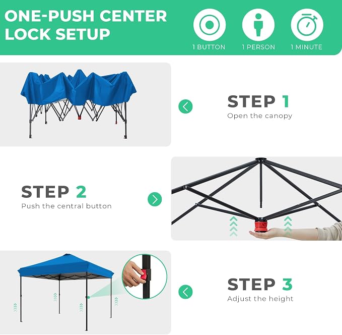 JEAREY 10x10 ft Pop Up Canopy Tent, Heavy Duty Outdoor Canopy with 1-Push Instant Setup, Commercial Tent with Roller Bag, 4 Sandbags and 8 Stakes, Water-Resistant, Royal-Blue