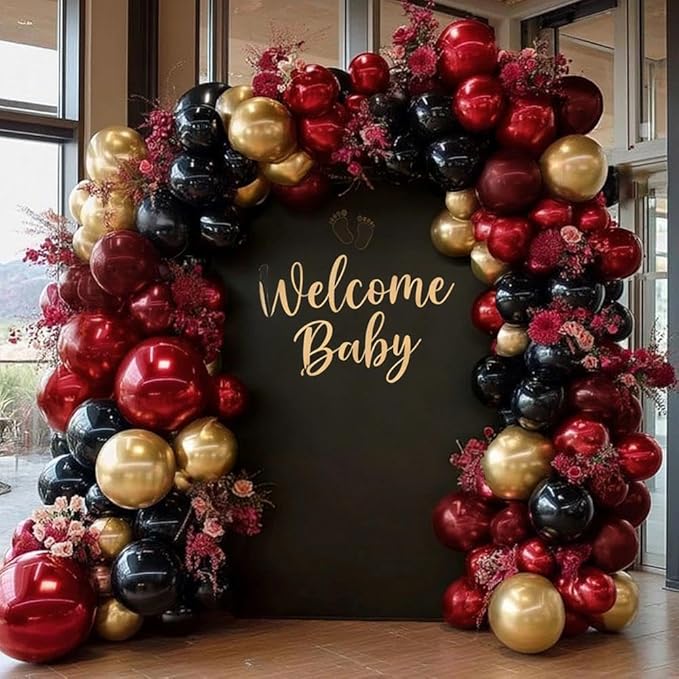 Burgundy Black Gold Balloon Garland Double Stuffed Dark Red Gold Maroon Black Balloon Arch Kit for Birthday Graduation Anniversary Prom Party Decoration