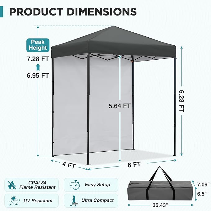 EAGLE PEAK 6x4 Instant Pop Up Canopy Tent with 1 Side Wall Panel, Straight Leg Sun Shelter, Portable Canopy with Carry Bag for Camping, Beach & Sports, Dark Gray