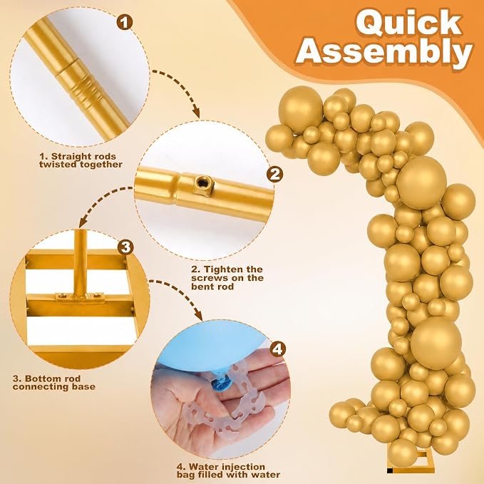 Balloon Arch Stand Kit Set with 145PCS Metallic Gold Balloons – Duty Metal Wedding Backdrop Frame with 8 Water Bags, Gold Semi-Open Arch for Birthday, Party Decorations Indoor Outdoor.