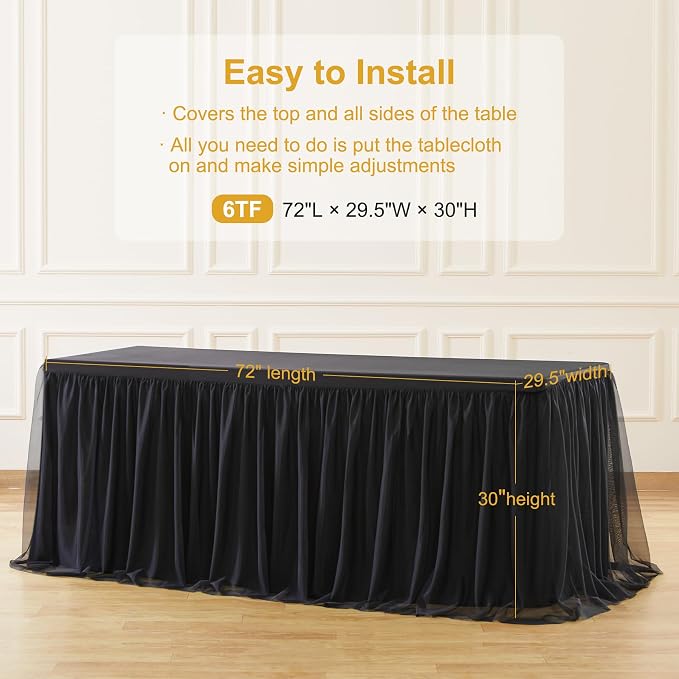 Black Table Cloth Rectangle 6ft, Black Tulle Table Skirt Table Cover 6 Foot Rectangle Table Desk Skirt Birthday Party Wedding Banquet Tablecloth Buffet Fabric Elastic Stretch Fitted Ruffle Tablecloth