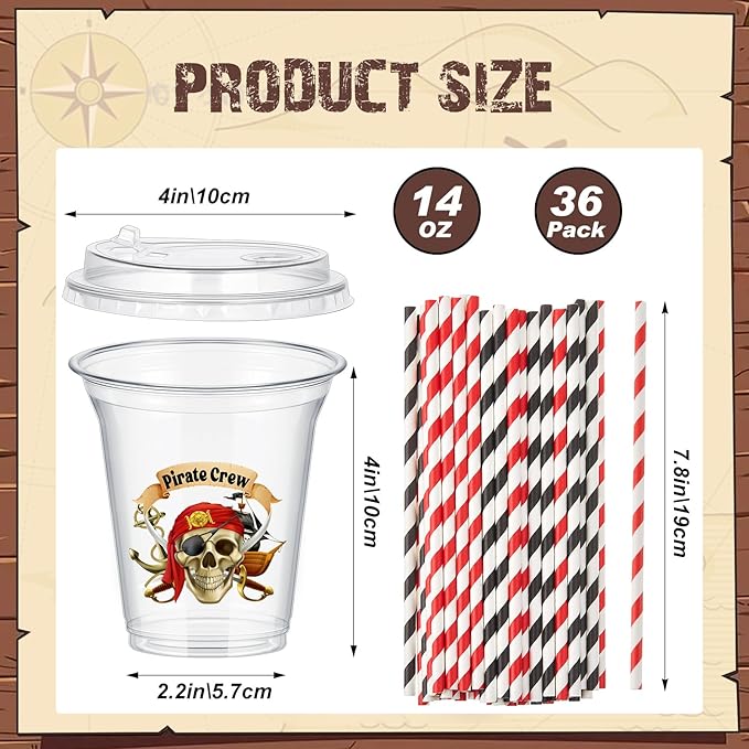 Qinyoung 60 Sets Pirate Plastic Cups Bulk 14 oz Pirate Treasure Theme Party Favor Supplies Ice Coffee Disposable Clear Plastic Cups Bulk with Lids and Paper Straws for Birthday Favors