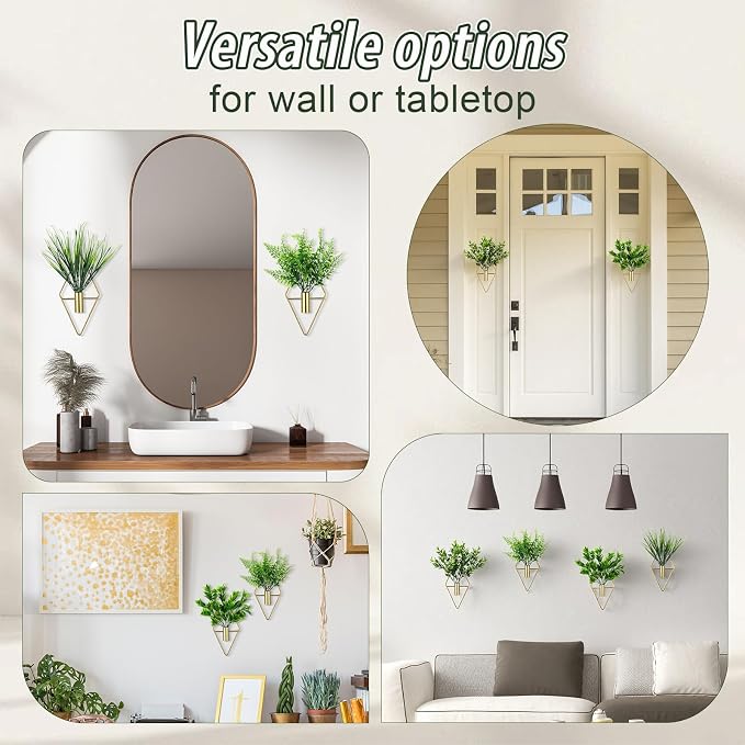 Hanaive 4 Sets Boho Wall Decoration Metal Wall Art Hanging Planters with Artificial Pampas Display Modern Home Vase for Bedroom Home Office(Brisk,Green)