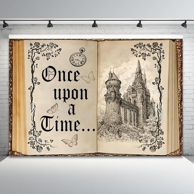 12x8ft Once Upon a Time Backdrop Fairy Tale Books Castle Princess Photography Background Once Upon a Time Birthday Baby Shower Decoration Storybook Wedding Party Banner