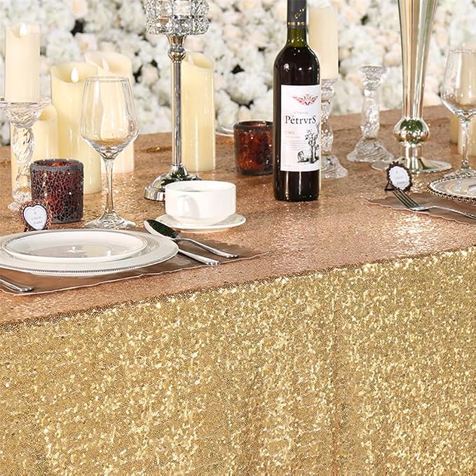 Juya Delight 90" x 156" Light Gold Sequin Rectangular‌ Tablecloth for Wedding Birthday Party Festival Ceremony Cake Dessert Table