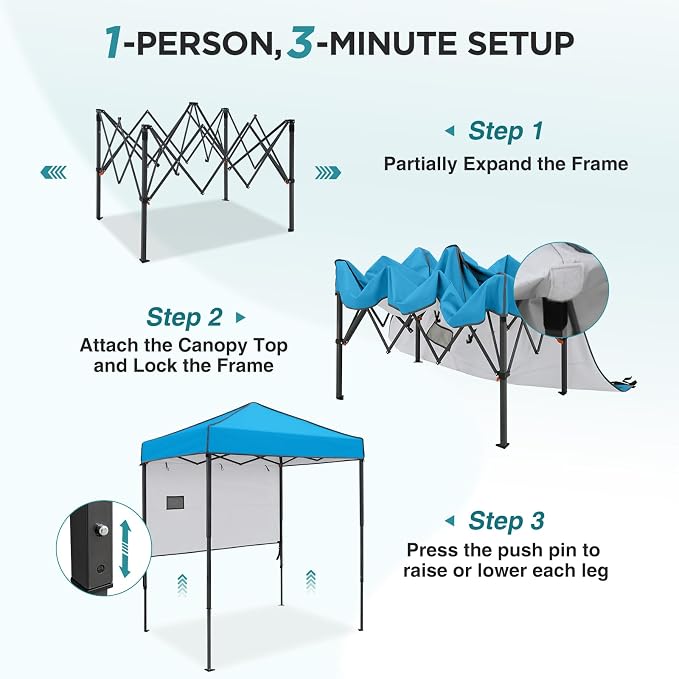 EAGLE PEAK 6x4 Instant Pop Up Canopy Tent with 1 Half Wall Panel, Straight Leg Sun Shelter, Portable Canopy with Carry Bag for Camping, Beach & Sports, Light Blue