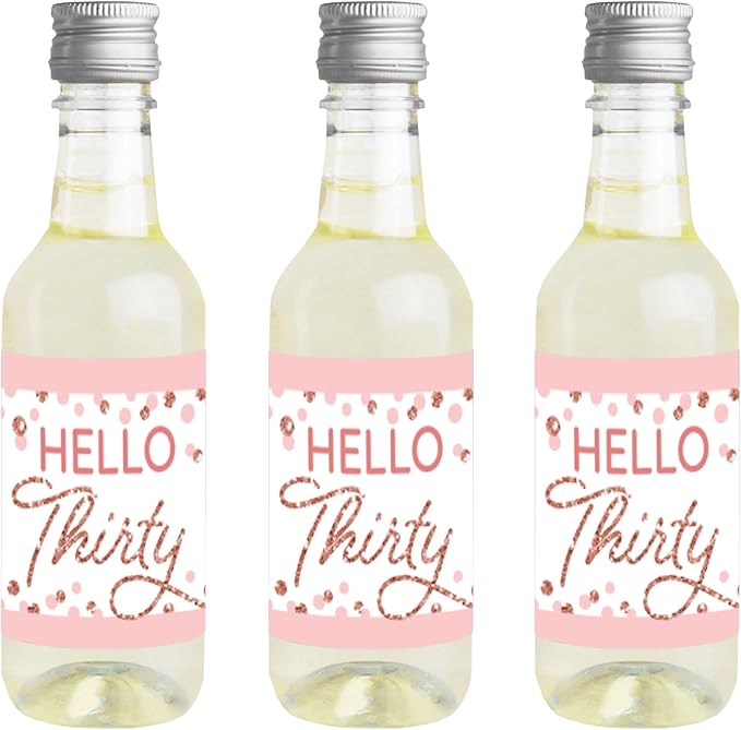 Big Dot of Happiness 30th Pink Rose Gold Birthday - Mini Wine and Champagne Bottle Label Stickers - Happy Birthday Party Favor Gift for Women and Men - Set of 16