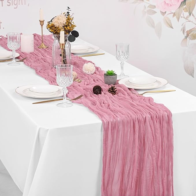 16 Pack Dusty Rose Cheesecloth Table Runner 120 Inch 10FT Spring Boho Rustic Sheer Gauze Cheese Cloth Table Runner for Wedding Baby Shower Birthday Party Table Decor