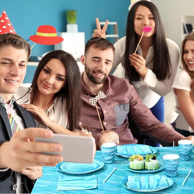 Funnymoom 452 Pcs Ocean Sea Birthday Party Decorations Include Ocean Waves Paper Plates Napkins Cups Tablecloth Cutlery Straws Sea Theme Party Supplies for Birthday Baby Shower