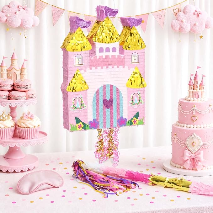 WERNNSAI Large Princess Castle Piñata - 23.6”x 16.3”Princess Birthday Party Decorations Pink Piñata with Blindfold and Bat for Girls Family Game Birthday Party Supplies Castle Design