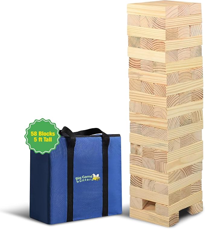 Garden Games Big Game Hunters Giant Tumble Towers, 58 Piece Wooden Block Game, 5 ft. Tall Stacking Backyard Indoor Outdoor Game for Kids Adults Family, Jumbo Splinter Resistant Blocks