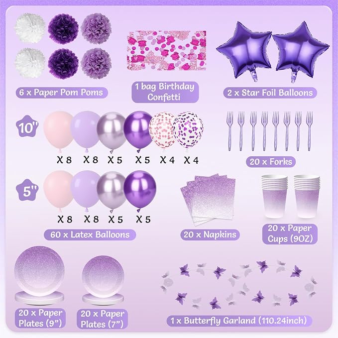 280 Pcs Purple Birthday Party Decorations for Women, Purple Pink Happy Birthday Party Decorations for Girls, 100Pcs Paper Plates, Napkins, Cups, Forks for 20 Guests Tableware Sets, Bday Sash and Crown