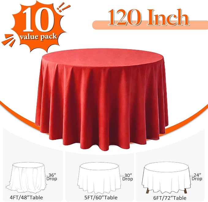 10 Pack Red Round Tablecloth 120 Inch Round Table Cloth Wrinkle Resistant Red Tablecloth Washable and Reusable Polyester Fabric Table Covers for Banquet Wedding Party Dining Buffet