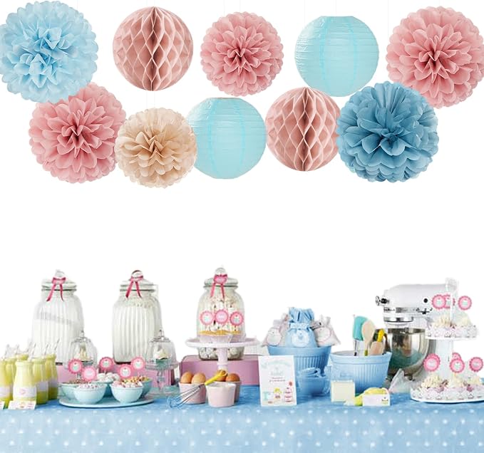 Dusty-Blue Pink Party-Decorations Paper Lanterns - 15pc Gender Reveal Tissue Pom Poms Streamers,Birthday Bachelorette Bridal Baby Shower Engagement Wedding Decor Panduola