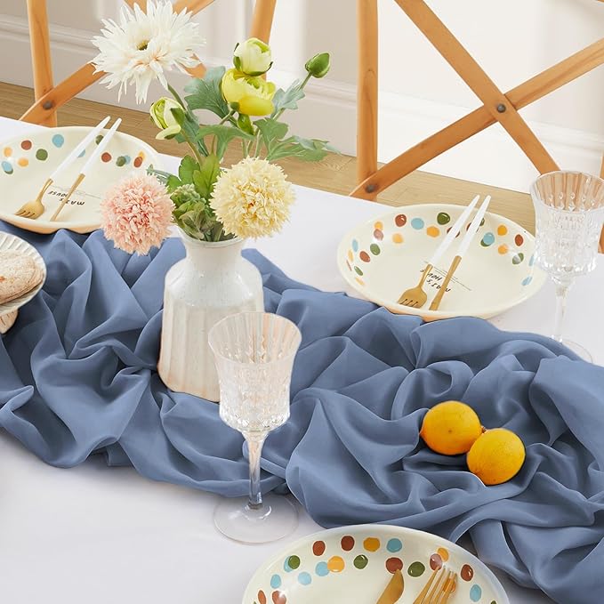 Horbaunal 2 Pack Dusty Blue Chiffon Table Runners 10FT Sheer Chiffon Runner 29x120 Inches Romantic Boho Rustic Table Runner for Wedding Party Bridal Baby Shower Table Decorations