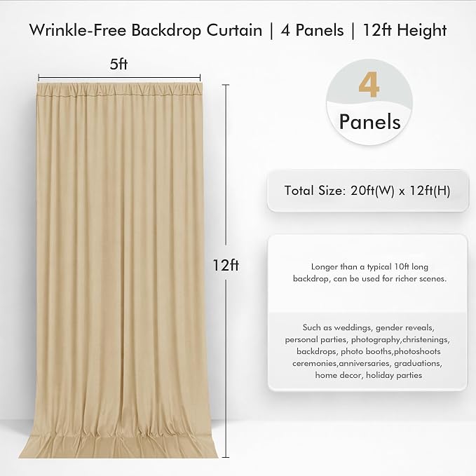 20ftx12ft Wrinkle Free Champagne Backdrop Curtain, 4 Panels 12FT Height Champagne Drapes for Wedding Backdrop, Silky Polyester Photo Back Drop Cloth for Birthday Party Photography Background