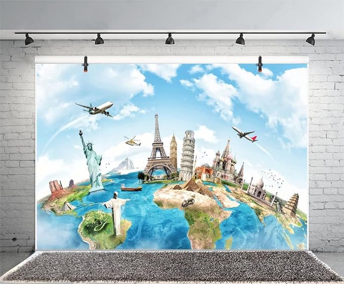 Yeele 15x10ft Globe Travel Backdrop Earth Map Worldwide Continent Famous Landmark Scenery Home Photography Background Infant Baby Adult Portrait Photo Booth Vinyl Wallpaper Photocall Studio Props