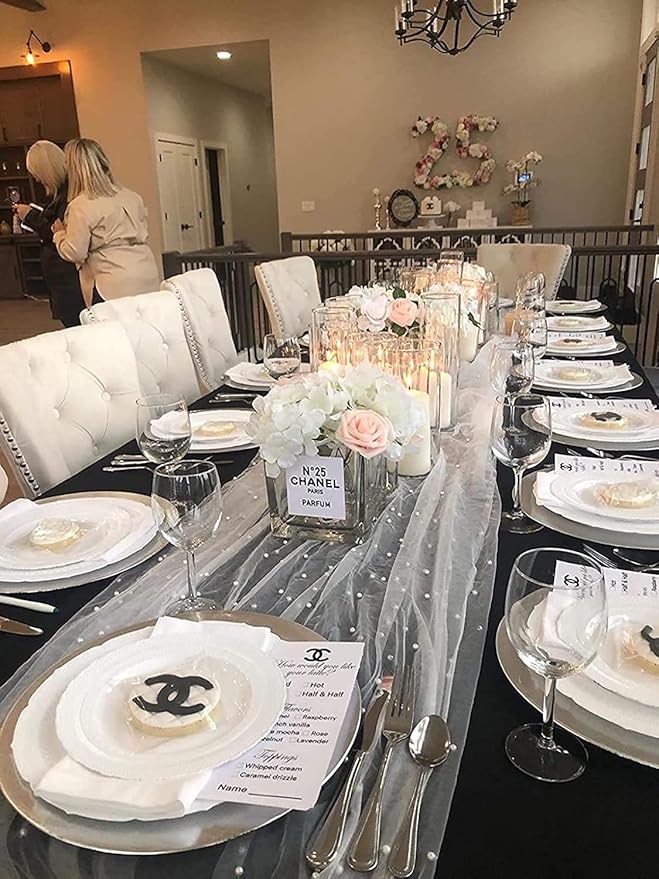 Set of 2 Table Runner 63" X 120" Wedding Veil White Dessert Tablecloth Chiffon Tulle Pearl Lace Boho Glitter Table Sequins Overlay Wedding Aisle Runner Denim and Diamonds Party Decorations Doilies