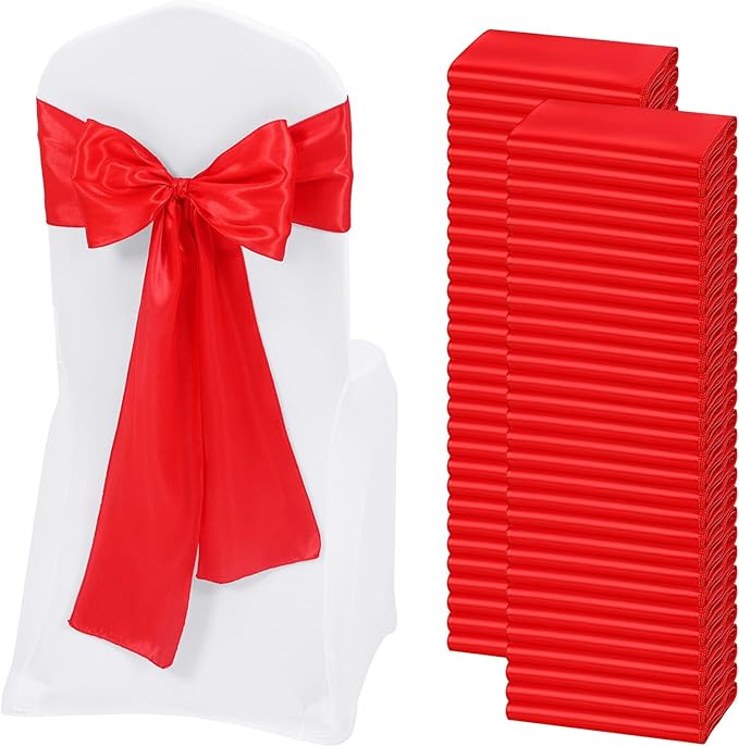 60 PCS Red Satin Chair Sashes, Ties Bows Designed Chairs Decorative, Chair Cover Sashes for Thanksgiving Wedding Christmas Banquet Party Home Kitchen Decoration (7 x 108 inch)