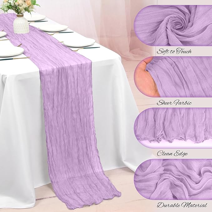 12 Pack Lavender Cheesecloth Table Runner 10FT Lilac Purple Boho Gauze Cheese Cloth Table Runner Rustic Sheer Fabric Table Runners for Wedding Bridal Shower Baby Shower Party(21.5×120 Inch)