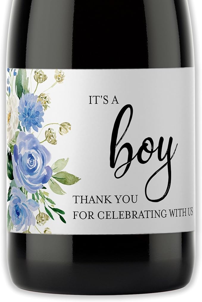 It’s a Boy Mini Champagne Bottle Labels ● Set of 12 ● She’s Ready to POP Baby Shower Favor Label, About to POP Thank You Favors, Blue Boy Baby Shower Gender Reveal Waterproof (Blooms)