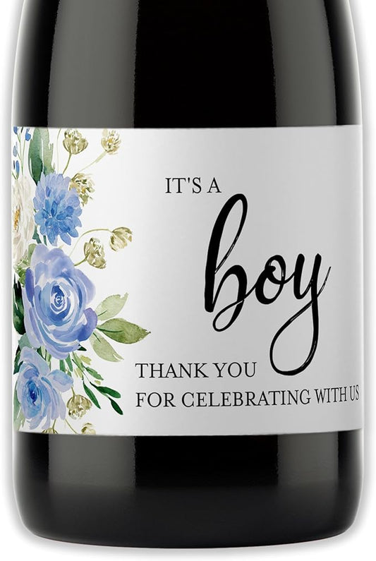 It’s a Boy Mini Champagne Bottle Labels ● Set of 12 ● She’s Ready to POP Baby Shower Favor Label, About to POP Thank You Favors, Blue Boy Baby Shower Gender Reveal Waterproof (Blooms)